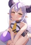 1girl absurdres ahoge bangs bare_shoulders blush braid braided_bangs collarbone demon_girl demon_horns grey_hair hair_between_eyes hashira_14 highres hololive horns la+_darknesss licking_lips long_hair looking_at_viewer multicolored_hair neckerchief pointy_ears purple_hair seiza single_thighhigh sitting smile solo streaked_hair striped_horns thighhighs tongue tongue_out very_long_hair virtual_youtuber white_background yellow_eyes yellow_neckerchief 