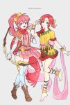  2girls alternate_costume armor barefoot belt boots bow bow_(weapon) bracelet breasts brown_belt brown_footwear closed_mouth commission cosplay costume_switch dancer english_commentary fire_emblem fire_emblem:_mystery_of_the_emblem fire_emblem:_shadow_dragon full_body green_hair highres holding holding_weapon jewelry long_hair multicolored_clothes multiple_girls norne_(fire_emblem) phina_(fire_emblem) pink_eyes pink_hair pixiv_commission ponytail red_scarf scarf short_hair shoulder_armor signature silvercandy_gum simple_background small_breasts smile thighhighs weapon white_thighhighs yellow_bow 