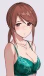  1girl arms_at_sides bangs bare_arms bare_shoulders blush bra breasts brown_eyes brown_hair cleavage closed_mouth collarbone commentary_request floral_print green_bra grey_background highres idolmaster idolmaster_cinderella_girls jewelry kozeni_isari lace-trimmed_bra lace_trim large_breasts long_hair looking_at_viewer low_ponytail mifune_miyu necklace pendant ponytail print_bra sidelocks simple_background smile solo swept_bangs underwear underwear_only upper_body 