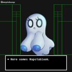  areola beepisboop big_breasts black_background blue_areola blue_nipples breasts crossgender eyelashes female ghost hi_res huge_breasts looking_at_viewer napstablook nipples not_furry nude open_mouth simple_background solo spirit text undertale undertale_(series) white_body white_eyes 