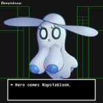  areola beepisboop big_breasts black_background blue_areola blue_nipples breasts clothed clothing crossgender eyelashes female ghost hat headgear headwear hi_res huge_breasts looking_at_viewer mostly_nude napstablook nipples not_furry open_mouth simple_background solo spirit text undertale undertale_(series) white_body white_clothing white_eyes white_hat white_headwear 