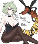  1girl 2023 ahoge animal_ears breasts chinese_zodiac cleavage commentary_request de_lacey_(girls&#039;_frontline_nc) detached_collar fake_animal_ears girls&#039;_frontline girls&#039;_frontline_neural_cloud gloves green_eyes happy_new_year highres korean_commentary large_breasts leg_up leotard licking_lips looking_at_viewer mechanical_tail mole mole_under_mouth multicolored_eyes pantyhose playboy_bunny rabbit_ears seo_ninjang short_hair simple_background sitting smile solo symbol-shaped_pupils tail tongue tongue_out white_background white_gloves year_of_the_rabbit 