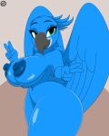  2023 4:5 5_fingers absurd_res anthro anthrofied areola artist_name avian beak bedroom_eyes big_breasts bird black_beak blue_areola blue_body blue_feathers blue_nipples blue_sky_studios blue_wings breasts curvy_figure digital_media_(artwork) double_v_sign eyelashes feathered_wings feathers female fingers fur gesture green_eyes hi_res jewel_(rio) looking_at_viewer macaw narrowed_eyes navel neotropical_parrot nipples non-mammal_breasts non-mammal_nipples nr_ac nude parrot rio_(series) seductive signature simple_background smile solo standing thick_thighs true_parrot v_sign voluptuous wide_hips wings 