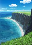  beach blue_sky cliff cloud commentary_request day grass highres horizon lighthouse no_humans ocean original outdoors pei_(sumurai) plant scenery shore sky water 