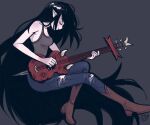  1girl adventure_time artist_name black_hair boots breasts brown_footwear closed_eyes closed_mouth collarbone denim guitar holding holding_instrument instrument jeans knee_boots long_hair marceline_abadeer medium_breasts megrocks music pale_skin pants playing_instrument pointy_ears simple_background solo tank_top torn_clothes torn_pants very_long_hair 