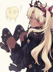  1girl bangs black_cape black_dress black_gloves black_thighhighs blonde_hair blush cape closed_mouth commentary_request dark-skinned_female dark_skin dress dumuzid_(fate) earrings ereshkigal_(fate) ereshkigal_alter_(fate) fate/grand_order fate_(series) fur-trimmed_cape fur_trim gloves hair_ribbon highres jewelry lamb long_hair long_sleeves looking_at_viewer parted_bangs red_eyes red_ribbon ribbon saipaco sheep simple_background sitting thighhighs tiara translation_request two_side_up 