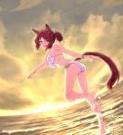  1girl animal_ears bare_shoulders bikini bracelet breasts brown_hair cloud clover_hair_ornament fine_motion_(umamusume) fisheye hair_bun hair_ornament horizon horse_ears horse_girl horse_tail jewelry looking_at_viewer looking_back navel open_mouth outdoors short_hair small_breasts smile solo sunset swimsuit tail umamusume wakoudo walking water wet white_bikini 