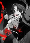  1boy black_background blade_(honkai:_star_rail) blood blood_on_hands deciqm flower gradient_background grey_background greyscale highres honkai:_star_rail honkai_(series) jacket long_hair long_sleeves looking_at_viewer male_focus monochrome open_mouth solo spider_lily teeth white_background 