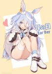  1girl animal_ears bandage_over_one_eye bandaged_head bandaged_leg bandages black_shorts blue_eyes boots doll_joints ear_tag elbow_gloves gloves grey_hair heart highres joints legs linmiu_(smilemiku) little_witch_nobeta long_hair looking_at_viewer monica_(little_witch_nobeta) official_art open_mouth rabbit_ears short_shorts shorts sitting smile socks solo striped striped_socks tabard thighs two_side_up very_long_hair white_footwear white_gloves white_tabard 