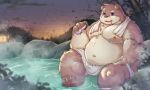  2023 anthro bathing bear belly big_belly bulge cai_yuwang detailed_background kemono male mammal moobs navel nipples outside overweight overweight_male sitting solo steam towel water 
