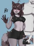  absurd_res ahoge anthro anthro_focus big_breasts big_butt black_nose blue_background blush breasts brown_body brown_ears brown_fur brown_hair brown_hands butt butt_grab canid canine cerise_(chinjireta) choker clothed clothed_human clothed_male clothing crop_top dialogue duo english_text erect_nipples eyelashes eyes_closed faceless_character faceless_male female female_focus fingers front_view fur fur_markings gloves_(marking) grabbing_arm grinning_at_viewer grope groping_from_behind hair hand_behind_head hand_on_butt hi_res human human_on_anthro interspecies jewelry larger_human larger_male long_hair male male/female mammal markings multicolored_body multicolored_fur necklace nervous nervous_smile nervous_sweat nipple_outline nipples open_mouth questionable_consent raccoon_dog shirt simple_background size_difference spats tail tail_markings tanuki teeth text thick_thighs tight_clothing topwear wide_hips yonooshi 