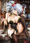  1girl absurdres bare_shoulders black_thighhighs blue_eyes blue_hair breasts candy cleavage demon_tail drill_hair food hair_ornament heart heart-shaped_pupils highres holding holding_smoking_pipe lollipop long_hair looking_at_viewer niliu_chahui original parted_lips sitting smile smoking_pipe solo symbol-shaped_pupils tail thighhighs thighs twintails 