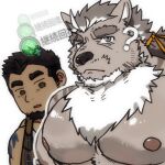  2boys bara blank_eyes blank_stare breast_envy brown_fur character_request chest_hair chest_tuft crave_saga demon_king_fish facial_hair furry furry_male furry_with_non-furry gameplay_mechanics goatee highres interspecies large_pectorals male_focus mature_male multicolored_hair multiple_boys muscle_envy muscular muscular_male nipples nude pectorals protagonist_(crave_saga) short_hair sideburns streaked_hair thick_eyebrows yaoi 