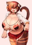  2023 absurd_res accessory anthro areola big_breasts blush bottomwear breasts calico_cat clothed clothing clothing_lift cute_fangs digital_media_(artwork) domestic_cat felid feline felis female female_anthro fur hair hair_accessory hi_res huge_breasts kagarimachi_ame kemono looking_at_viewer mammal multicolored_body multicolored_fur multicolored_hair multicolored_tail nekotsuki_kohime short_hair skirt skirt_lift solo tail 