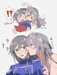  !? 2girls ? bangs bite_mark black_hair blue_eyes blue_jacket book chinese_clothes dual_persona fu_hua fu_hua_(herrscher_of_sentience) fu_hua_(valkyrie_accipiter) glasses grey_background hair_ornament highres honkai_(series) honkai_impact_3rd jacket licking long_hair looking_at_another looking_at_viewer multiple_girls multiple_views open_mouth red_eyes simple_background surprised uehara_suiyo upper_body 