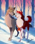  balto balto_(film) canid canine canis canon_couple digital_media_(artwork) domestic_dog duo female feral fur hi_res husband_and_wife husky jenna_(balto) male male/female mammal married_couple nordic_sled_dog open_mouth outside plant red_body red_fur romantic romantic_ambiance romantic_couple scailla snow spitz tree universal_studios white_body white_fur wolf 
