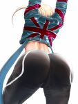  1girl antenna_hair arched_back arms_up ass ass_focus blonde_hair cameltoe cammy_stretch_(meme) cammy_white commentary_request cropped_jacket from_behind highres meme pants short_hair solo street_fighter street_fighter_6 tight tight_pants union_jack varbecrank white_background yoga_pants 