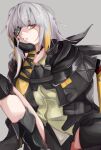  1girl absurdres black_gloves boots collared_shirt commentary_request eyepatch girls&#039;_frontline gloves grey_background grey_hair grimace head_rest highres jacket knee_pads looking_at_viewer m16a1_(boss)_(girls&#039;_frontline) m16a1_(girls&#039;_frontline) mole mole_under_eye nachi-kun scar scar_on_face shirt simple_background solo squatting 
