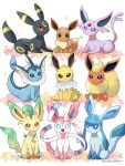 :3 :d artist_name blue_eyes bright_pupils brown_eyes closed_mouth commentary_request eevee espeon evolutionary_line fangs flareon forehead_jewel gem glaceon highres jolteon leafeon looking_at_viewer no_humans open_mouth pokemon pokemon_(creature) purple_eyes red_eyes saki_pokeoekaki simple_background sitting smile sparkle sylveon twitter_username umbreon vaporeon white_background white_pupils 