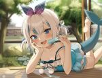 1girl absurdres barefoot blue_camisole blue_eyes blue_hair blue_shorts blush bow breasts camisole cleavage fins fish_tail food gawr_gura grey_hair hair_bobbles hair_bow hair_ornament hairband head_rest highres holding holding_food hololive hololive_english looking_at_viewer lying medium_hair multicolored_hair on_stomach open_mouth pajamas popsicle shark_girl shark_tail sharp_teeth short_hair shorts sleeping small_breasts smile solo streaked_hair taccho tail teeth tree virtual_youtuber 