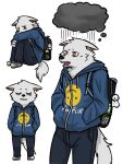  anthro backpack badday blue_clothing blue_hoodie blue_topwear canid canine canis clothed clothing dark_clouds ears_down eyes_closed fully_clothed hi_res hoodie looking_at_viewer male male_(lore) mammal northwoooof pivoted_ears purk_down rain_cloud sad topwear upside_down whitefur wolf 