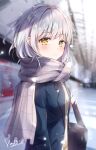  1girl absurdres bag bangs black_jacket blazer blurry blurry_background blush cardigan chromatic_aberration closed_mouth enpera grey_hair grey_scarf highres jacket long_sleeves looking_at_viewer open_clothes open_jacket original scarf school_bag school_uniform shi3 signature smile snowing solo train_station upper_body yellow_eyes 