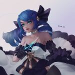  1girl absurdres avoid_rhino bangs bare_shoulders black_bow black_dress black_gloves blue_hair bow breasts brown_bow collarbone dated dress drill_hair gloves green_eyes grey_dress gwen_(league_of_legends) hair_bow hair_ornament highres holding holding_scissors league_of_legends medium_breasts scissors smile solo strapless strapless_dress twin_drills twintails x_hair_ornament 