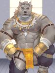  1boy abs arm_belt bandaged_arm bandages bara biceps bulge character_request chest_hair crave_saga crotchless crotchless_pants facial_hair feather_necklace fuga9 furry furry_male goatee jewelry large_pectorals leg_up looking_at_viewer male_focus mature_male multicolored_hair muscular muscular_male navel navel_hair necklace nipples pants pectorals pelvic_curtain ponytail revealing_clothes sideburns solo stomach streaked_hair thick_eyebrows thick_thighs thighs topless_male wolf_boy 