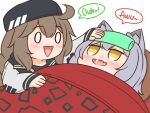  2girls ahoge animal_ears arknights baseball_cap blanket cuora_(arknights) fever green_eyes grey_hair guin_guin hand_on_forehead hat lying multiple_girls o_o open_mouth projekt_red_(arknights) sick smile snot towel towel_on_head under_covers wolf_girl 