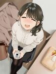  1girl :d bag beer_can bento black_hair blush can closed_eyes from_above handbag indoors jacket jacket_removed mattaku_mousuke mole mole_under_mouth original pantyhose round_teeth sitting smile solo teeth watermark 