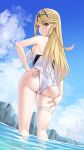  1girl ass ater bangs bare_shoulders blonde_hair blush breasts cloud headpiece highres jewelry large_breasts long_hair looking_at_viewer looking_back matrix16 mythra_(xenoblade) one-piece_swimsuit outdoors sky solo sweat swept_bangs swimsuit thigh_strap thighs tiara very_long_hair wading xenoblade_chronicles_(series) xenoblade_chronicles_2 yellow_eyes 