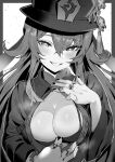  1girl alternate_breast_size blush bra breasts cleavage coat fingernails flower flower-shaped_pupils genshin_impact greyscale grin hair_between_eyes hat hat_flower highres hu_tao_(genshin_impact) jewelry large_breasts long_fingernails long_hair long_sleeves looking_at_viewer monochrome nail_polish porkpie_hat ring smile solo sukoyaka93 symbol-shaped_pupils thumb_ring underwear upper_body wide_sleeves 