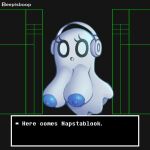  areola beepisboop big_breasts black_background blue_areola blue_nipples breasts crossgender eyelashes female ghost headphones hi_res huge_breasts looking_at_viewer napstablook nipples not_furry nude open_mouth simple_background solo spirit text undertale undertale_(series) white_body white_eyes 