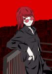  1girl absurdres black_choker black_jacket black_pants choker cityscape commentary eyebrows_hidden_by_hair highres jacket jewelry long_sleeves looking_at_viewer may_(may_lee8) nail_polish pants parted_lips persona persona_5 persona_5_the_royal railing red-framed_eyewear red-tinted_eyewear red_background red_eyes red_hair red_nails red_theme ring round_eyewear sleeves_past_wrists solo sunglasses tinted_eyewear yoshizawa_kasumi 