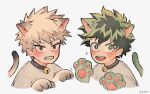  2boys animal_collar animal_ears animal_hands bakugou_katsuki bell blonde_hair blush boku_no_hero_academia cat_boy cat_ears cat_tail clenched_teeth collar commentary_request freckles gaagyeo gloves green_eyes green_hair highres kemonomimi_mode korean_commentary looking_at_viewer male_focus midoriya_izuku multiple_boys neck_bell open_mouth paw_gloves red_eyes shirt short_hair simple_background smile spiked_hair tail teeth twitter_username upper_body white_background 