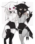  abstract_background anthro arm_tuft avian bird black_body blush bottomwear chest_tuft clothing duo elbow_tuft feathers female gesture hair hand_holding head_scratch hi_res kaltespur legwear long_hair purple_eyes shirt short_hair shorts tail_feathers thigh_highs topwear tuft v_sign white_body 