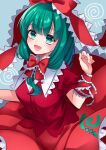  1girl :d bangs blue_background blunt_bangs blush bow breasts dress frills from_above front_ponytail green_eyes green_hair hair_ribbon hand_up highres kagiyama_hina large_breasts long_hair meimei_(meimei89008309) open_mouth ribbon simple_background smile solo touhou 