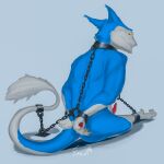  absurd_res anthro blue_body blue_fur chain chained chained_to_floor cuff_(restraint) ericherilan fur genitals hand_on_back hi_res lying male manoslore multicolored_body multicolored_fur nude on_back penis restraints sergal simple_background solo white_body white_fur yellow_eyes 