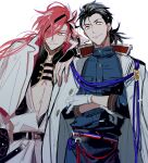  2boys arm_on_shoulder backlighting belt black_belt black_hair black_kimono blue_jacket blue_pants coat coat_on_shoulders cowboy_shot crossed_arms eyes_visible_through_hair fate/grand_order fate_(series) gloves hair_over_one_eye hair_pulled_back hair_strand highres jacket japanese_clothes kimono long_hair looking_at_viewer low_ponytail male_focus multicolored_hair multiple_boys pants pectoral_cleavage pectorals red_hair sakamoto_ryouma_(fate) sakamoto_ryouma_(lancer)_(fate) shrug_(clothing) simple_background smile streaked_hair takasugi_shinsaku_(fate) white_background white_coat white_gloves white_hair white_jacket yayayakan yellow_eyes 