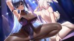  2girls alternate_costume animal_ears arm_up armband armpits ass azur_lane bangs blue_eyes blue_hair bodystocking braid breasts cameltoe choker cleavage collar commentary crossed_legs curvy fouriasensei from_behind highres huge_breasts illustrious_(azur_lane) large_breasts leotard looking_at_viewer looking_to_the_side multiple_girls naughty_face navel new_jersey_(azur_lane) new_jersey_(exhilarating_steps!)_(azur_lane) official_alternate_costume pantyhose playboy_bunny pole pole_dancing rabbit_ears seductive_smile see-through see-through_cleavage see-through_legwear sideboob skin_tight skindentation smile spread_legs squatting stripper stripper_pole symbol-only_commentary thick_thighs thighs white_hair 