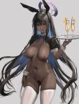  1girl animal_ears arm_at_side ass_visible_through_thighs bangs bare_shoulders black_hair blue_archive blue_bow blue_bowtie border bow bowtie breasts breasts_apart censored closed_mouth cup dark-skinned_female dark_skin detached_collar drinking_straw fake_animal_ears female_pubic_hair hair_between_eyes hand_up highres holding holding_tray jeneral karin_(blue_archive) karin_(bunny)_(blue_archive) large_breasts long_hair looking_at_viewer mixed-language_commentary mosaic_censoring navel nipples nude number_tattoo outside_border pantyhose ponytail pubic_hair pussy rabbit_ears shoulder_tattoo shrug_(clothing) simple_background solo stomach tattoo thighhighs tray white_background white_thighhighs white_wrist_cuffs yellow_eyes 