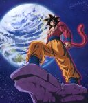  1boy abs absurdres black_hair body_fur closed_mouth dragon_ball dragon_ball_gt earth_(planet) eegiiartto from_below highres large_pectorals looking_down male_focus monkey_boy monkey_tail muscular muscular_male pants pectorals pink_fur planet smirk solo son_goku space spiked_hair standing super_saiyan super_saiyan_4 tail topless_male yellow_eyes yellow_pants 