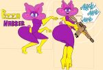  5_fingers anthro bat blue_eyes clothing costume female fingers footwear fur gloves gun handwear hi_res high_heels holding_gun holding_object holding_rifle holding_weapon mammal purple_body purple_fur ranged_weapon scut_tail short_tail solo sophie_slam speech_bubble tail text vimhomeless weapon 
