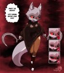  2023 absurd_res anthro askknight blush canid canine canis clothed clothing crossgender death_(puss_in_boots) digital_media_(artwork) dreamworks female fur grey_body grey_fur hi_res looking_at_viewer mammal puss_in_boots_(film) puss_in_boots_the_last_wish red_eyes sickle simple_background smile solo teeth text weapon wolf young 