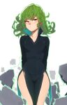  1girl arms_behind_back artist_name black_dress breasts closed_mouth collarbone collared_dress commentary dress english_commentary flipped_hair green_eyes green_hair high_collar kollerss long_sleeves medium_hair nostrils one-punch_man pelvic_curtain simple_background small_breasts solo tatsumaki telekinesis thighs torn_clothes torn_dress white_background 