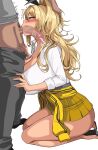  1boy 1girl animal_print black_choker blonde_hair blush breasts censored choker cleavage cum fellatio from_side goddess_of_victory:_nikke green_eyes gyaru hair_intakes hella_p highres kneeling kogal korean_commentary large_breasts leopard_print long_hair long_sleeves male_pubic_hair mosaic_censoring oral penis pubic_hair rupee_(nikke) shirt simple_background skirt solo_focus thighs white_background white_shirt yellow_skirt 