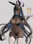  1girl animal_ears arm_at_side ass_visible_through_thighs bangs bare_shoulders black_hair blue_archive highres jeneral karin_(blue_archive) karin_(bunny)_(blue_archive) mixed-language_commentary 