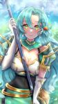  1girl aqua_hair armor bow breastplate breasts chloe_(fire_emblem) cleavage commentary elbow_gloves fire_emblem fire_emblem_engage gloves green_eyes green_skirt hair_between_eyes hair_bow highres holding long_hair looking_at_viewer orange_bow otorip pauldrons shoulder_armor skirt smile solo upper_body very_long_hair white_gloves 