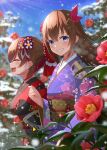  2girls absurdres bangs blue_eyes blurry blurry_background breasts brown_hair closed_eyes day floral_print flower flower_knot grin hair_ornament hand_up highres hololive japanese_clothes kimono leaf long_hair long_sleeves looking_at_viewer medium_breasts multicolored_hair multiple_girls obi open_mouth outdoors pink_flower print_kimono purple_kimono red_hair red_kimono roboco-san sash shima6644 smile star_(symbol) star_hair_ornament tokino_sora upper_body virtual_youtuber 