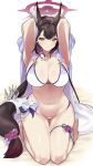  1girl absurdres animal_ear_fluff animal_ears armpits arms_up bikini black_hair blue_archive blush breasts cleavage colored_inner_hair flower fox_ears fox_girl fox_tail hair_flower hair_ornament halo highres kuma_(jk0073) large_breasts long_hair looking_at_viewer multicolored_hair navel official_alternate_costume presenting_armpit red_hair seiza signature sitting skindentation smile solo stomach swimsuit tail thick_thighs thigh_strap thighs two-tone_hair wakamo_(blue_archive) wakamo_(swimsuit)_(blue_archive) white_bikini yellow_eyes 